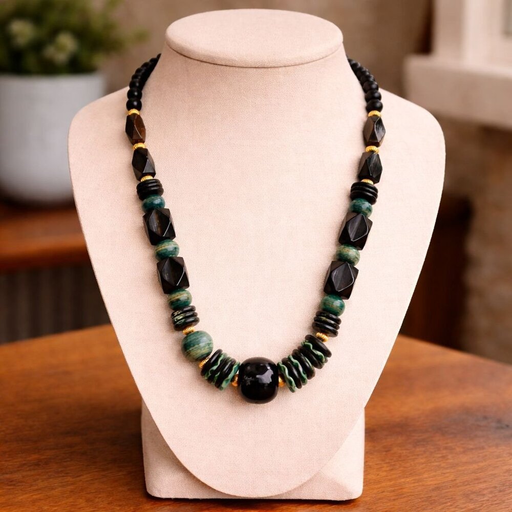 Brown and Green Beaded Necklace Gold Tone Accents Boho Chic Statement